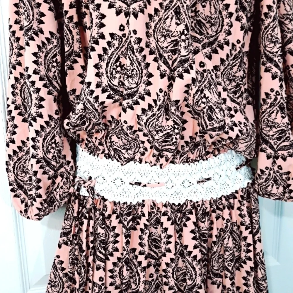 Free People Mini Dress 3/4 Sleeve Off  Shoulder Printed Black Coral Boho Small